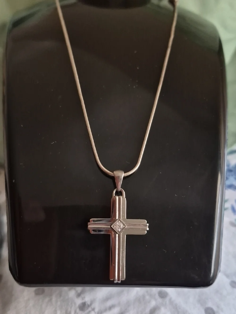 Mens Stainless steel cross CZ pendant necklace snake chain